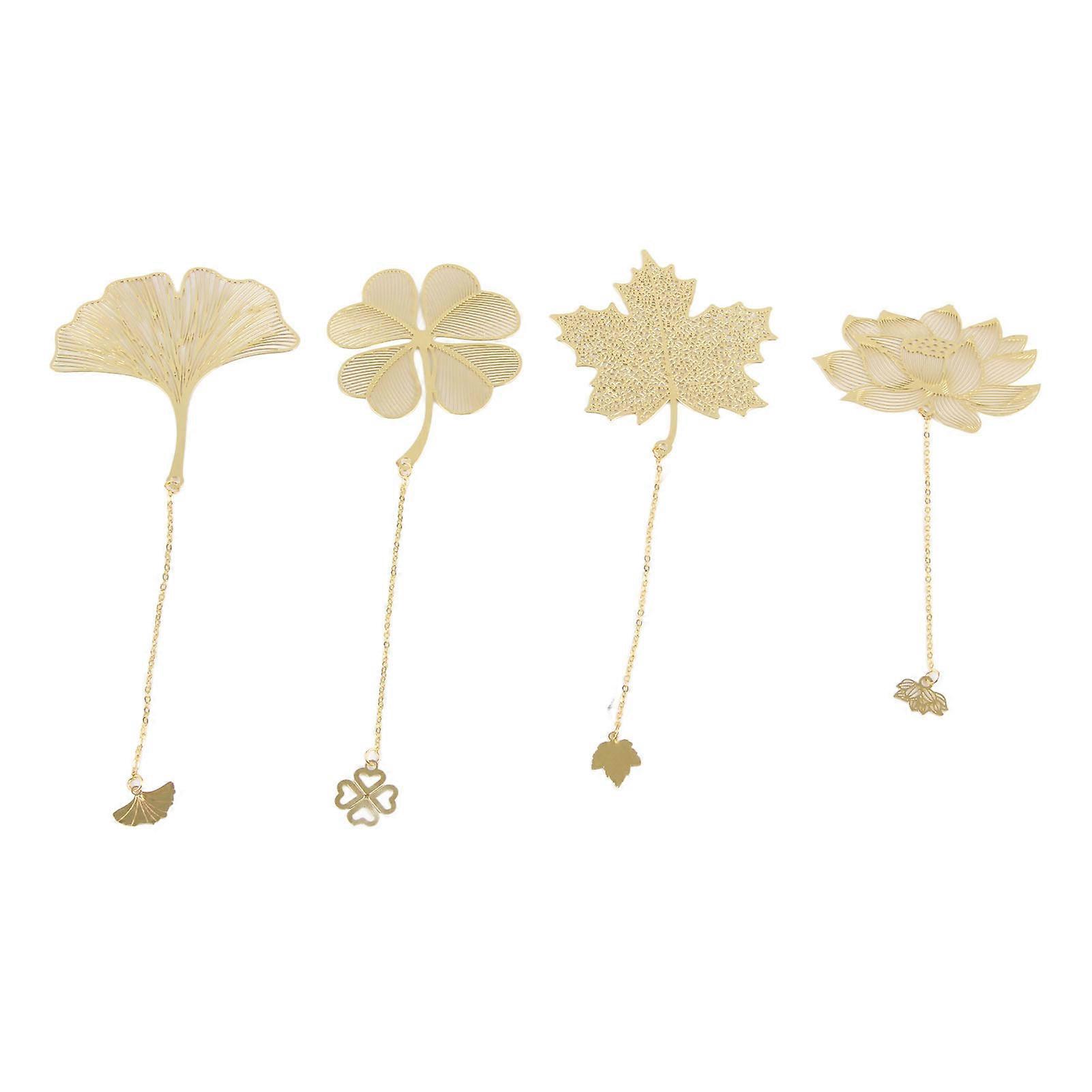 4pcs Metal Bookmarks with Chain Four Patterns Hollow Thin Golden Brass Metal Bookmarks