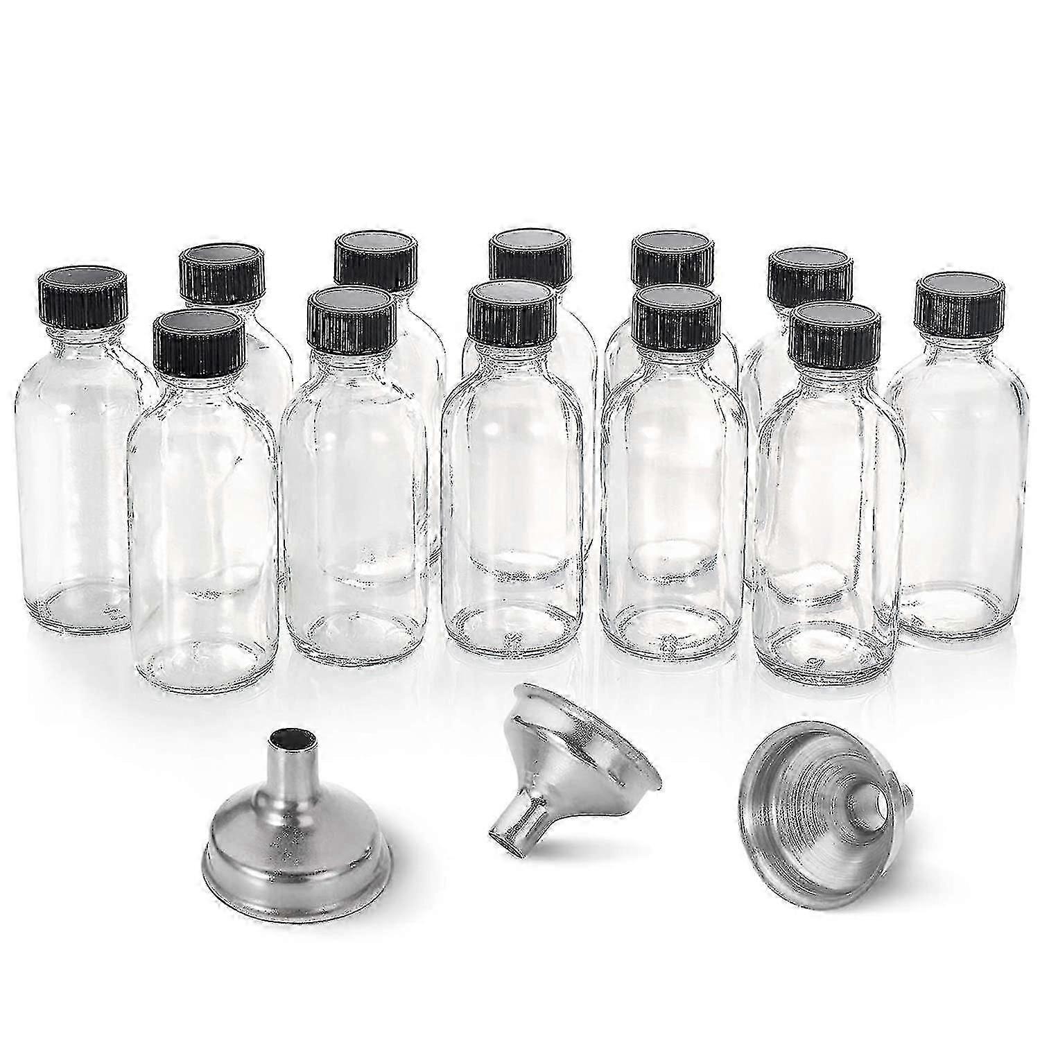 12, 2 Oz Piccole bottiglie di vetro trasparente (60 ml) con coperchi e 3 imbuti in acciaio inossidabile - Boston Round Sample Bottles per pozione, succo, colpi di zenzero, oli, W