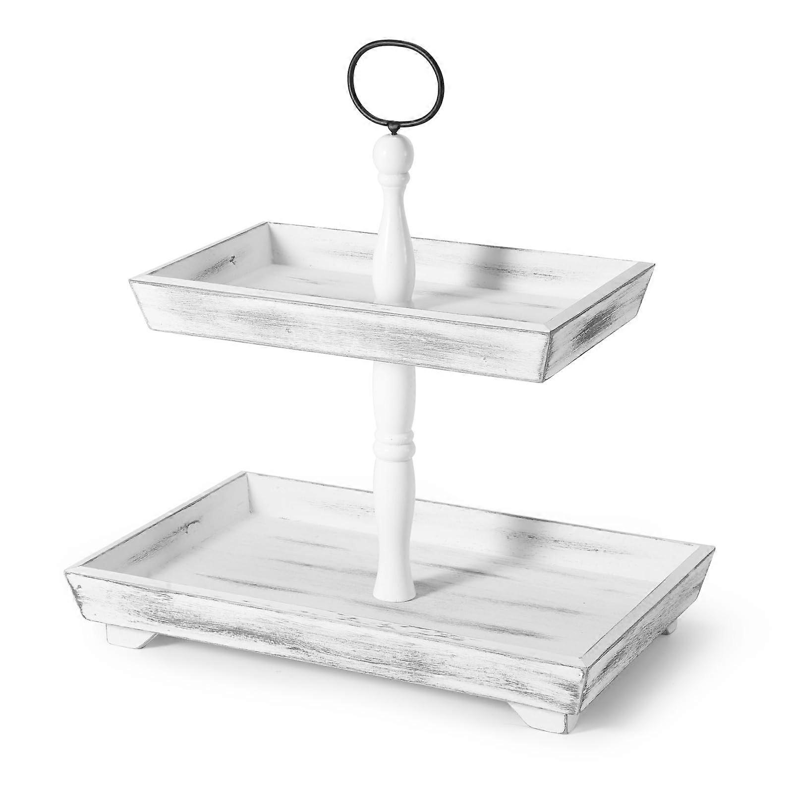 Two Tiered Decorative Tray Stand for Easter Decor, White Rectangular Wood Serving Tray for Farmhouse Kitchen and Party Display