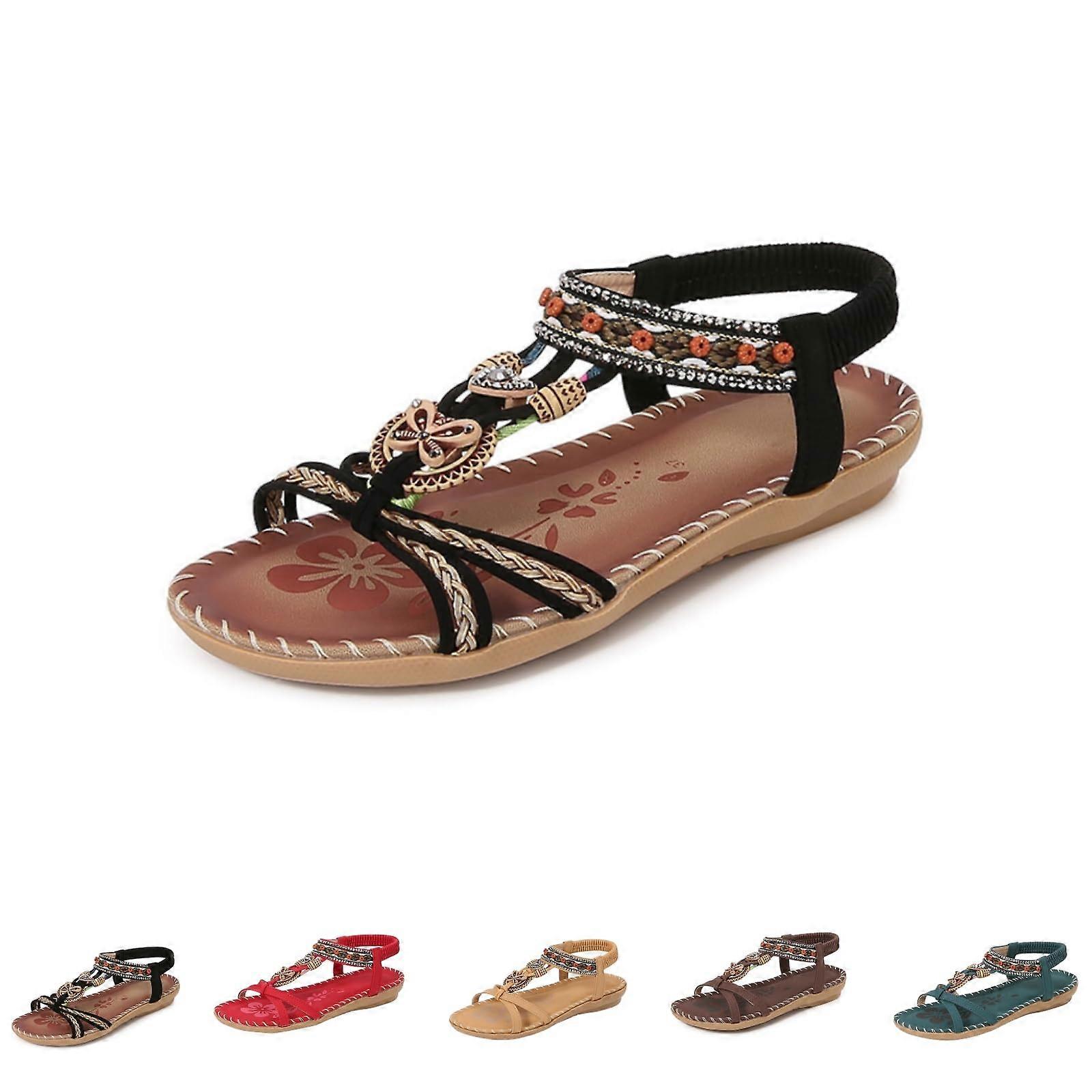Flat Sandals for Women Open Toe Bohemian Style Lightweight Cushion Summer Beach Shoes with Elastic Ankle Strap