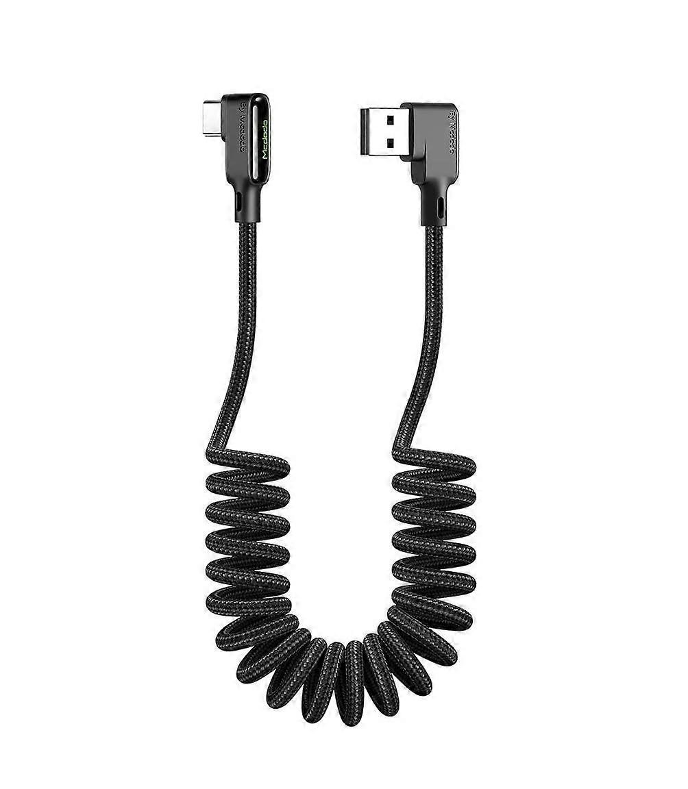 90 Degree USB C Cable QC 4.0 3A LED Spiral Cable Stretchy to 1.5 m Black Grey 90 degree USB C to USB C 1.2 m