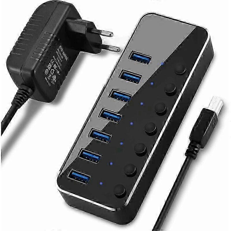 Active USB Hub 3.0 with Power Supply and 7 Ports, Aluminum USB 3.0 Hub with 5V 2A Power Supply and Switch, compatible with various devices