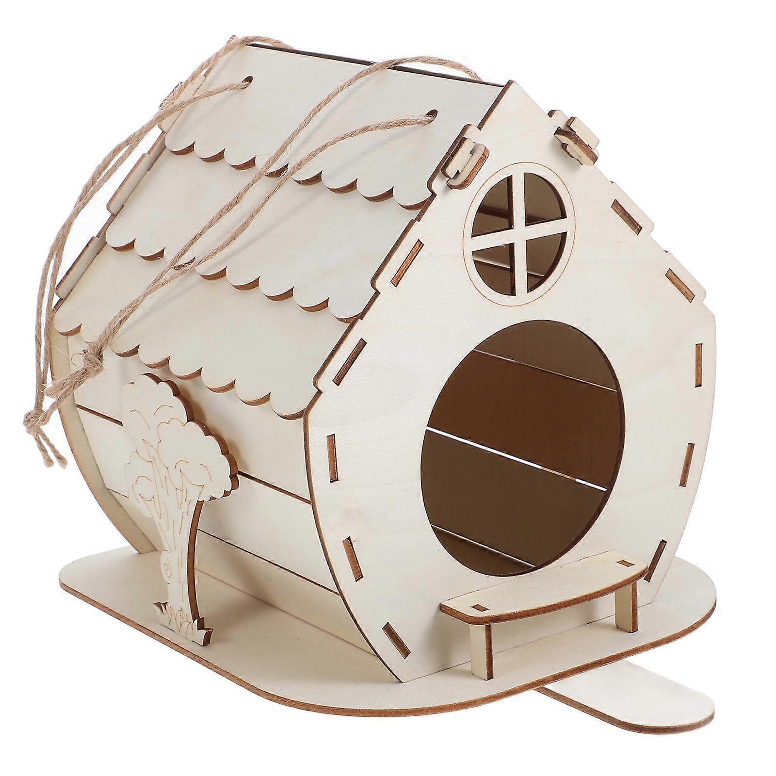 Bird House For Outside Diy Wooden Bird House Rectangular Shape Beige Color 17.00X14.00X11.00CM Hanging Shelter 1Pcs