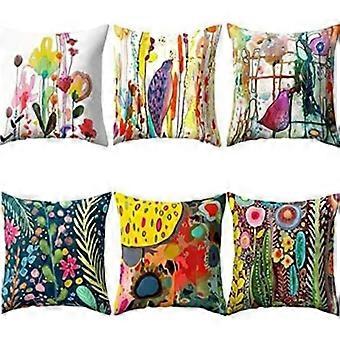 Sett med 6 dekorative putetrekk sofapute 45x45cm tie-dye blomster og fugler mønster til sofa kontorseng bil stue