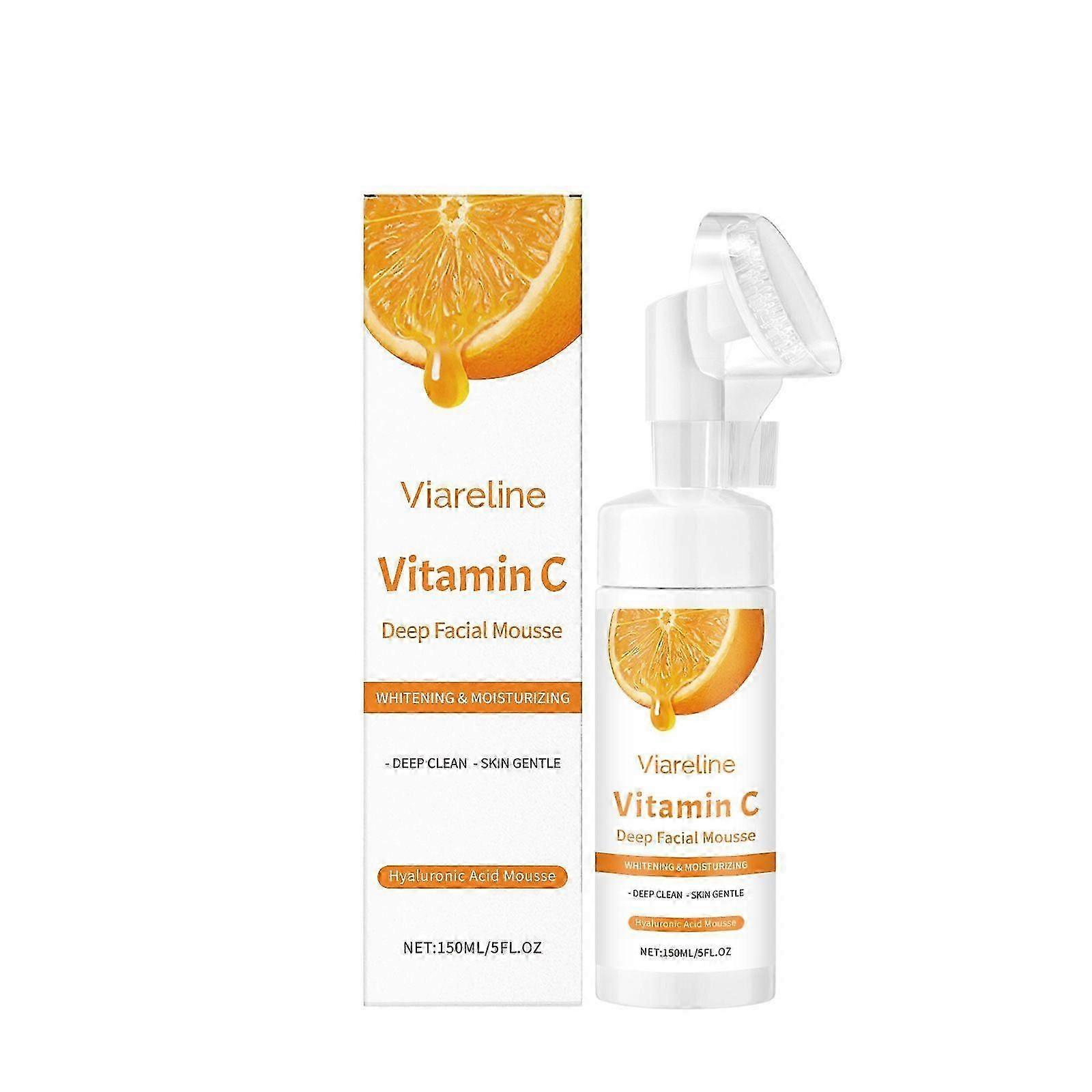 Vitamin C Facial Cleansing Mousse With Silicone Massage Brush, Foam Make-up Remover For Face And Eyes With Hyaluronic Acid, Deep Cleansing On All Skin