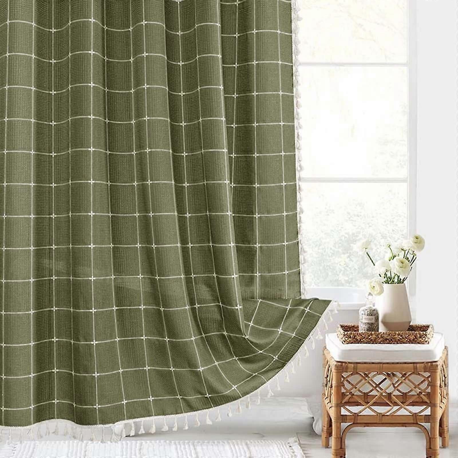 Shower Curtains with Eyelets 180x200 cm, Green Plain Linen Bath Curtain with Tassel and White Shower Curtain Hooks