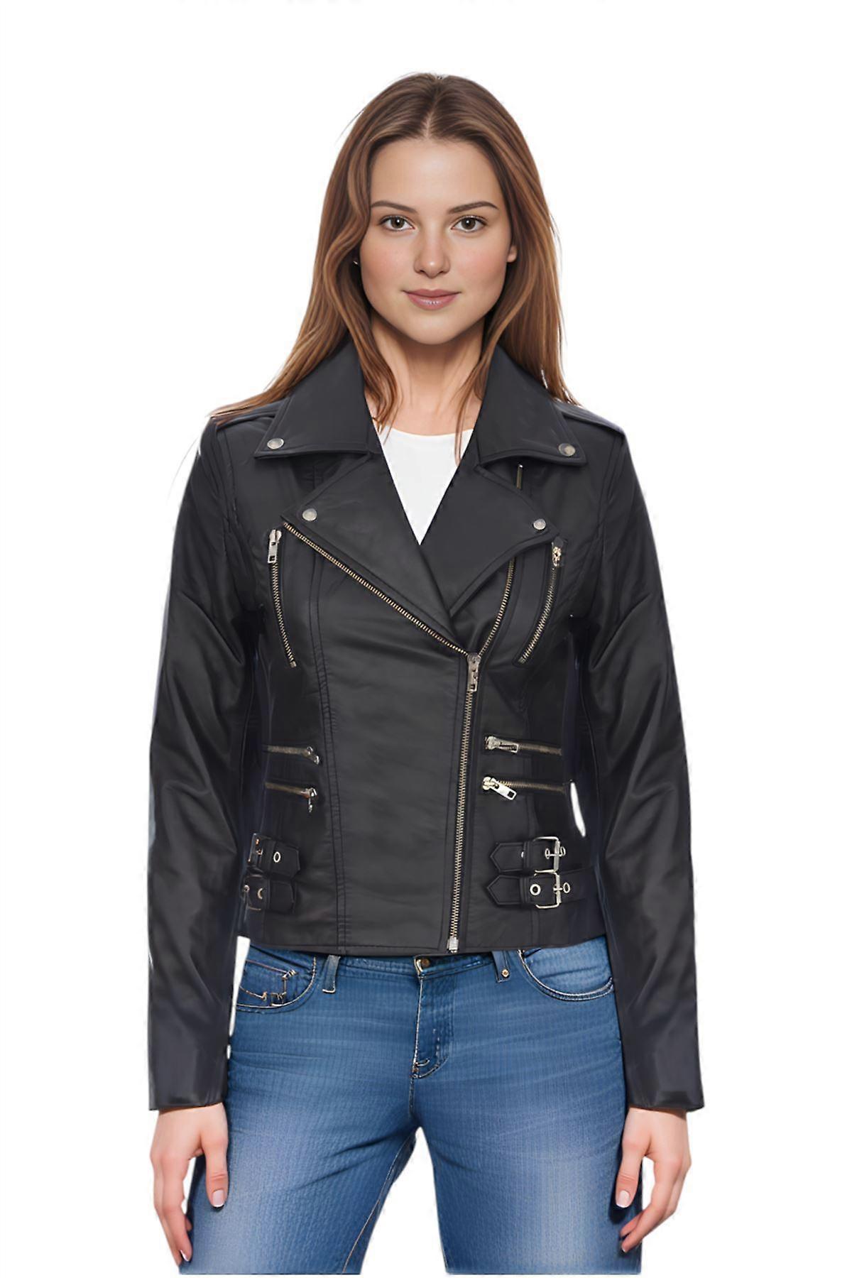 السيدات الجلود راكب الدراجة النارية سترة أسود حقيقي الخروف نابا خمر القوطية مشبك سترة