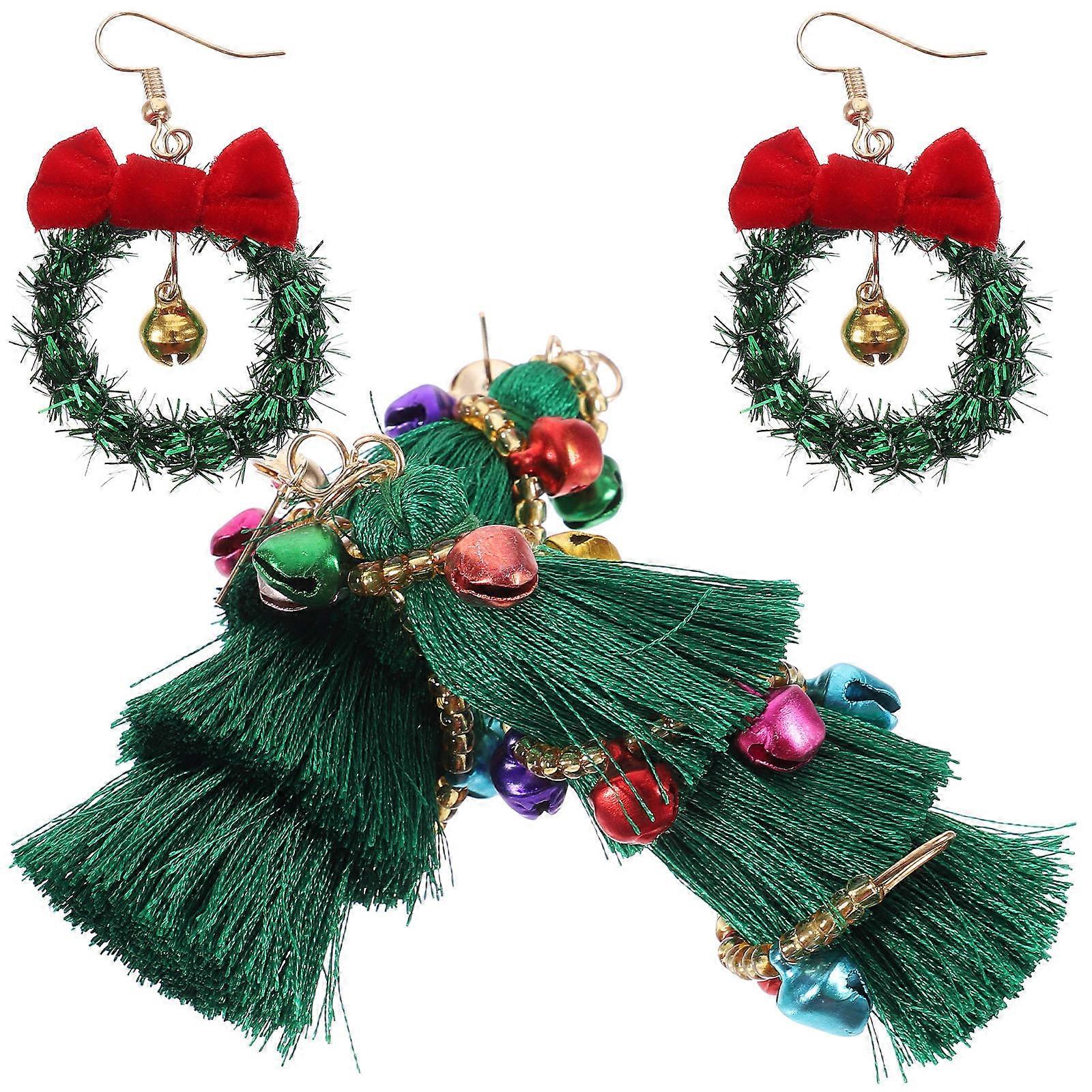 Holiday Dangle Earrings For Women With Bow Wreath And Tassel Design Suitable For Christmas Photo Taking Or Daily Use 2Pcs