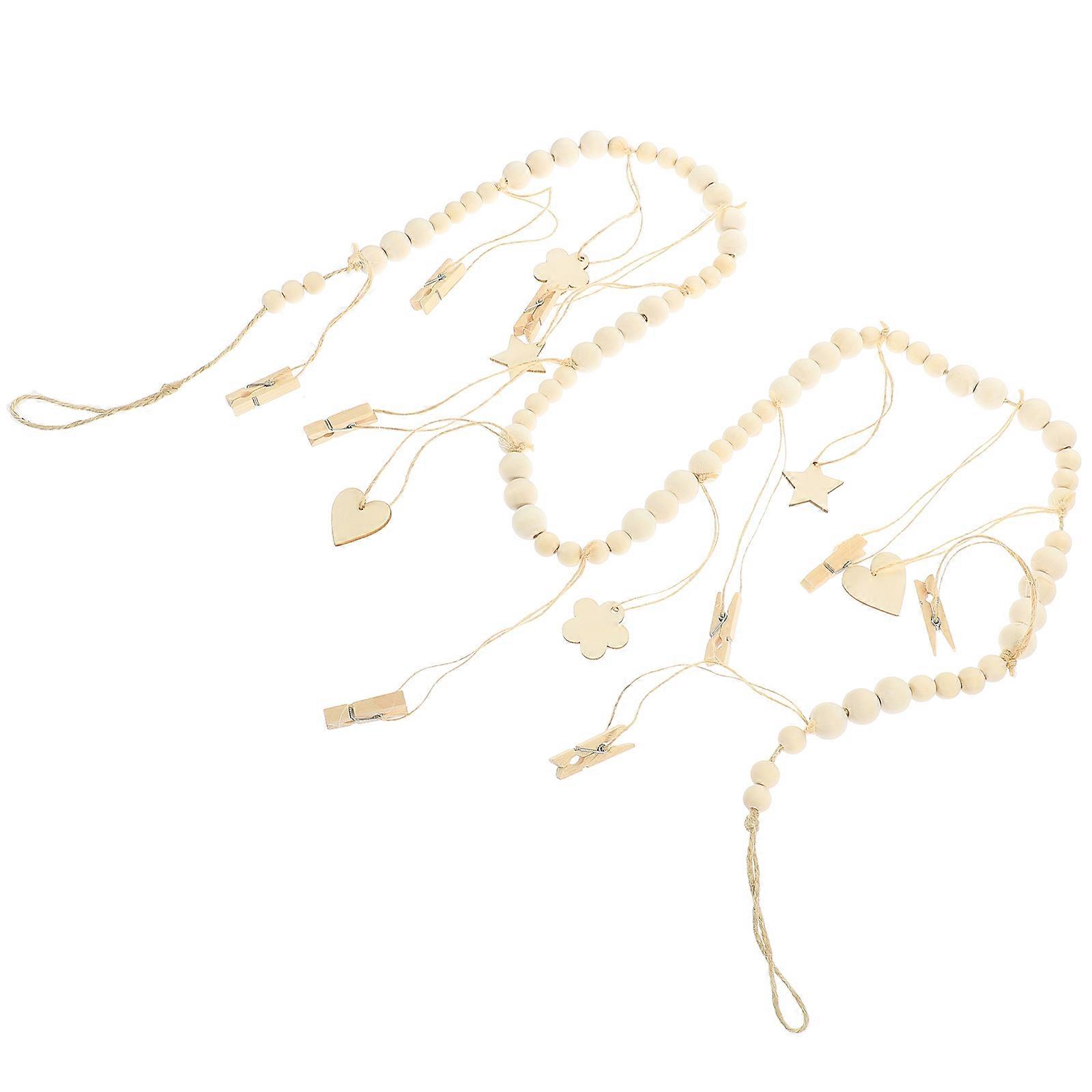 Wooden Beads Garland Photo Display with Clips for Wall Hanging Home Decor Light Yellow