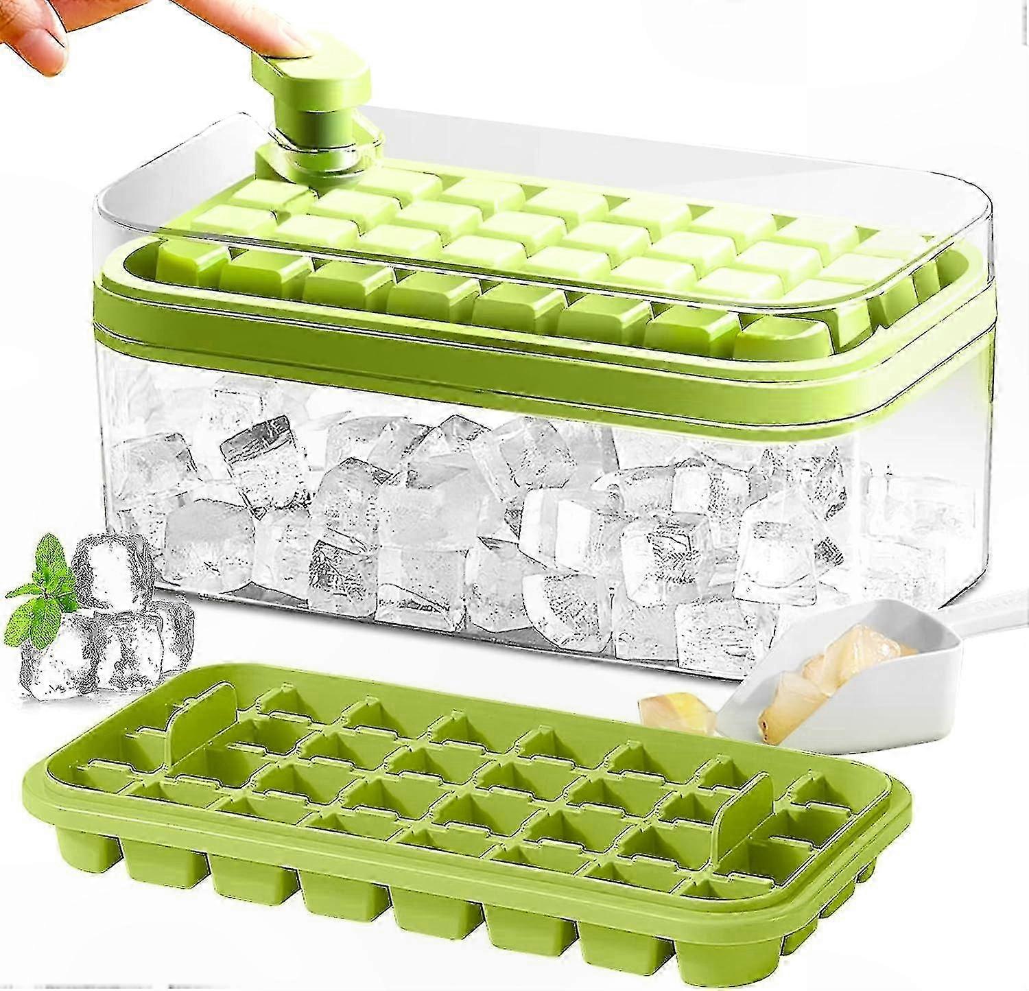 2-Pack Ice Cube Tray with Lid and Bin - 64 Mold Capacity for Perfect Cubes, Green
