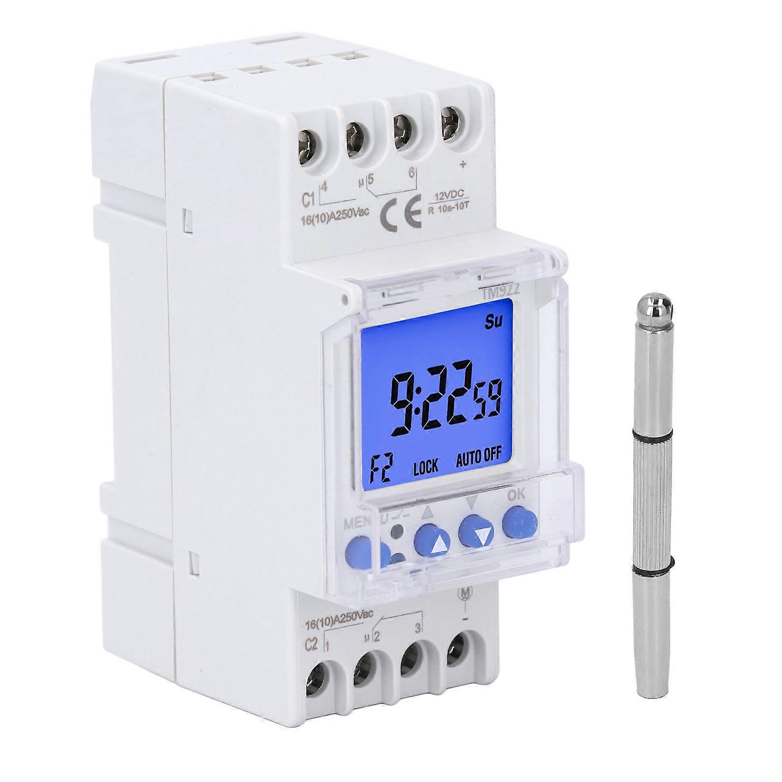 Programmable Timer Switch 24 Hours 7 Days 2 Channel DIN Rail Mount 16A 12VDC with 8 On Off Settings for Automation Control