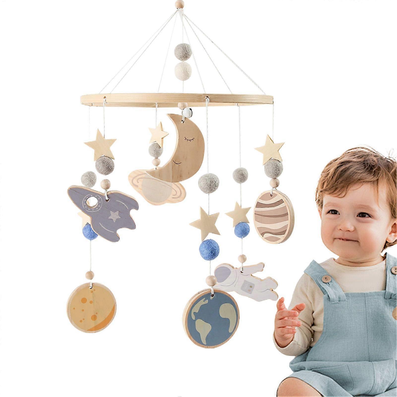 Mobile for Crib Wooden Crib Mobile 360Degree Rotating Spaceship Pattern Soothing Nursery Ornament For Sleep And Travel