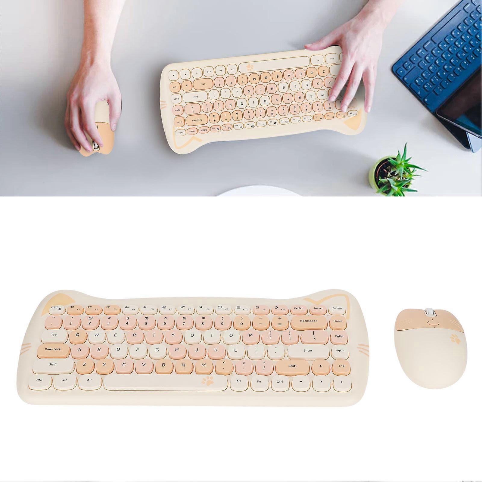 Cute Cat Shape 2.4G Wireless Keyboard and Mouse Colours Low Power Technology Wireless Keyboard Mouse Combo for Gaming Milk Tea Color 