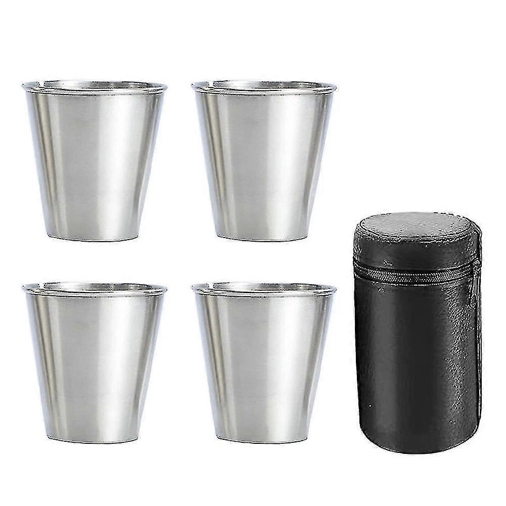 Stainless Steel Shot Cups, 4 Cups, Metal Shot Glasses, Stackable, Hip Flask Small With Leather Bag