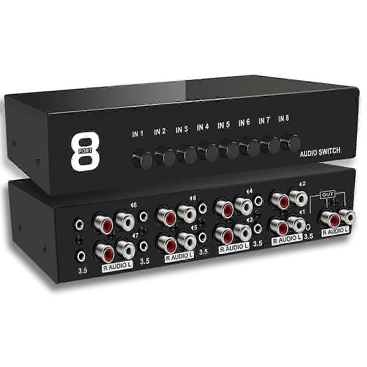 3.5mm Aux +RCA L/R Bi-Directional Stereo Audio Switch 8 in-1 Out A/B Analog Audio Switcher Selector-JK