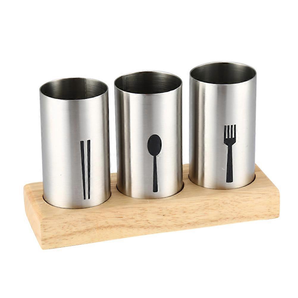 Chopstick Storage Container Wood Base Stainless Steel for Kitchen 2Pcs