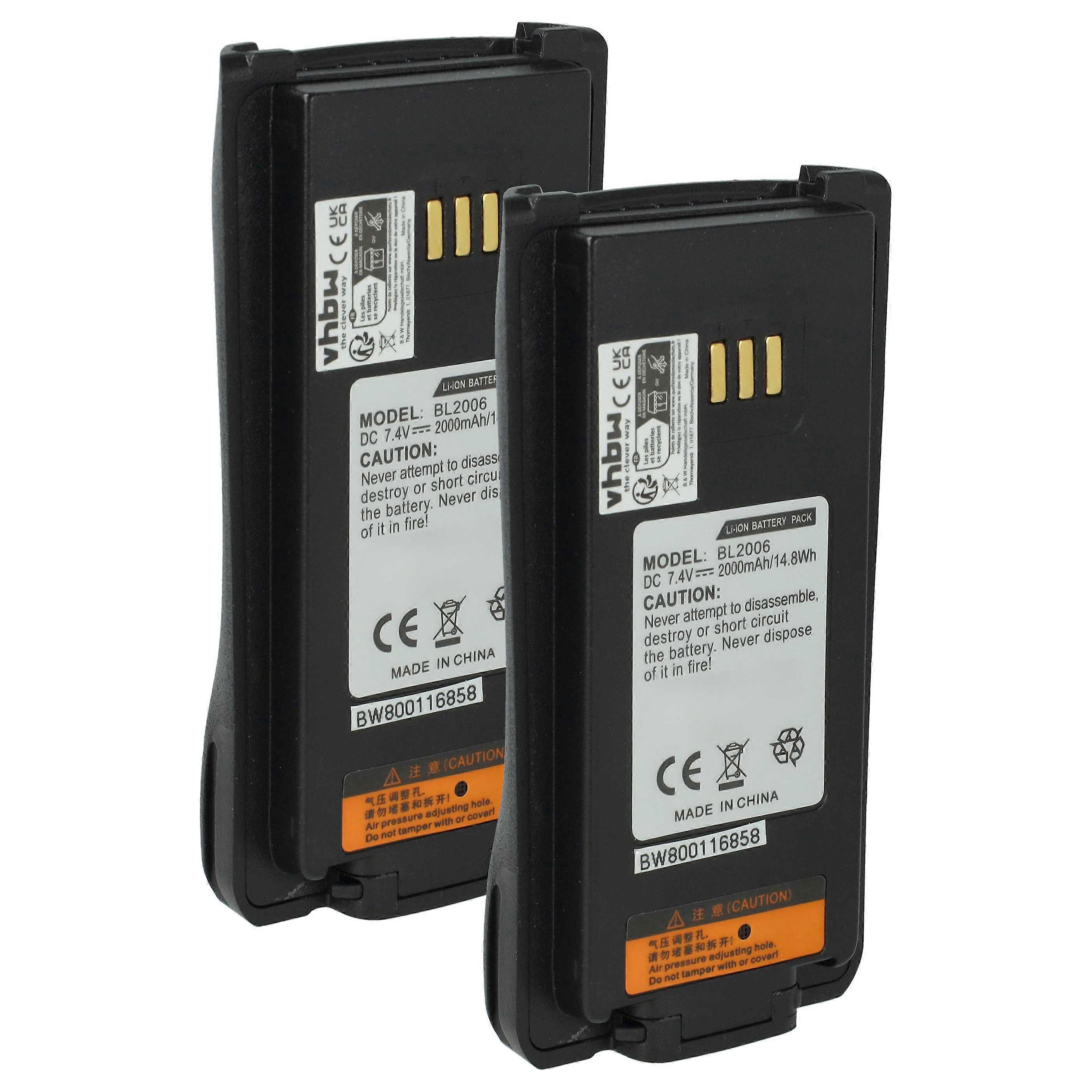 vhbw 2x Battery replacement for Hytera BL2503, BL2008, BL2006, BL3001 for radio, walkie talkie (2000 mAh, 7.4 V, Li-Ion)