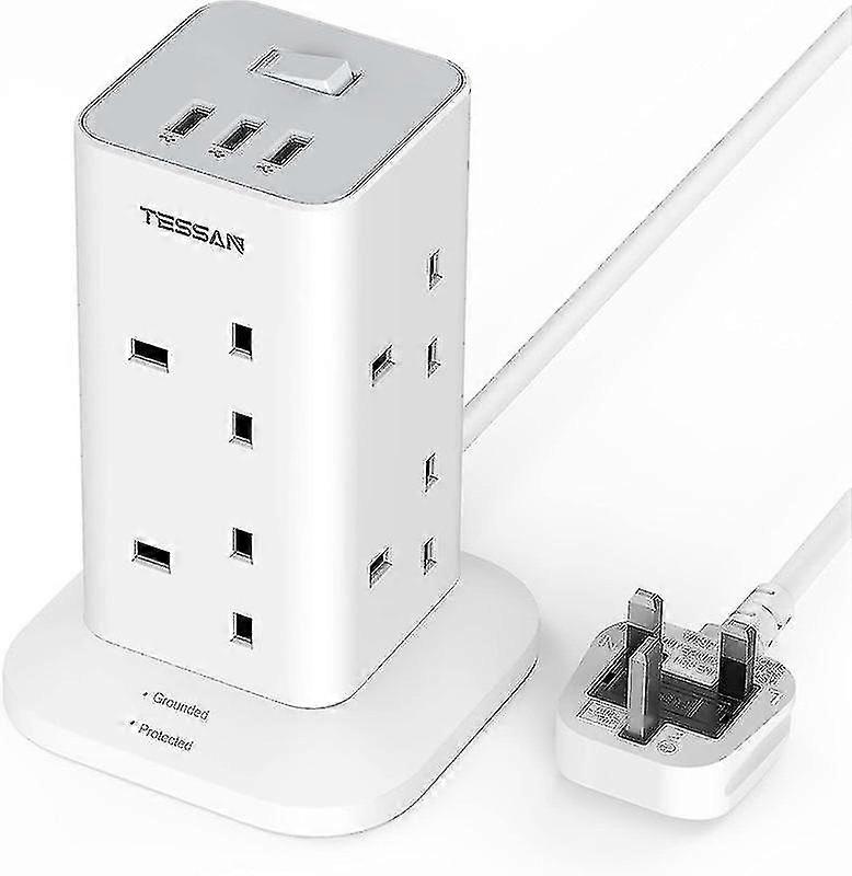 8-way Uk Multi Plug Extension Cord Power Tower Socket With Usb Ports 2m/3m/10m, Surge Protector Mul