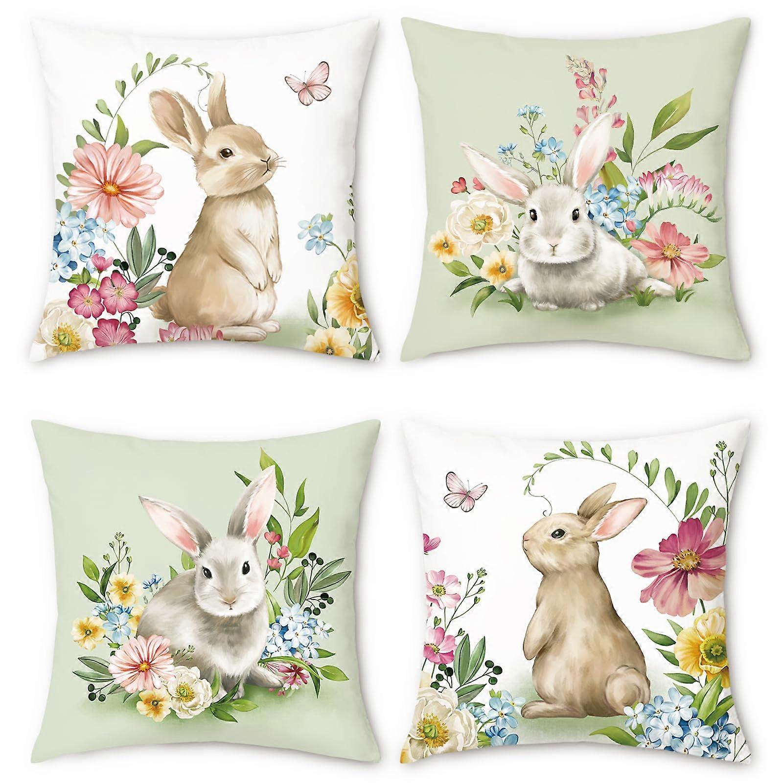 Spring Bunny Cushion Covers 45x45 cm DoubleSided Rabbit Floral Green Pillowcases For Sofa Couch Pack Of 4 Model
