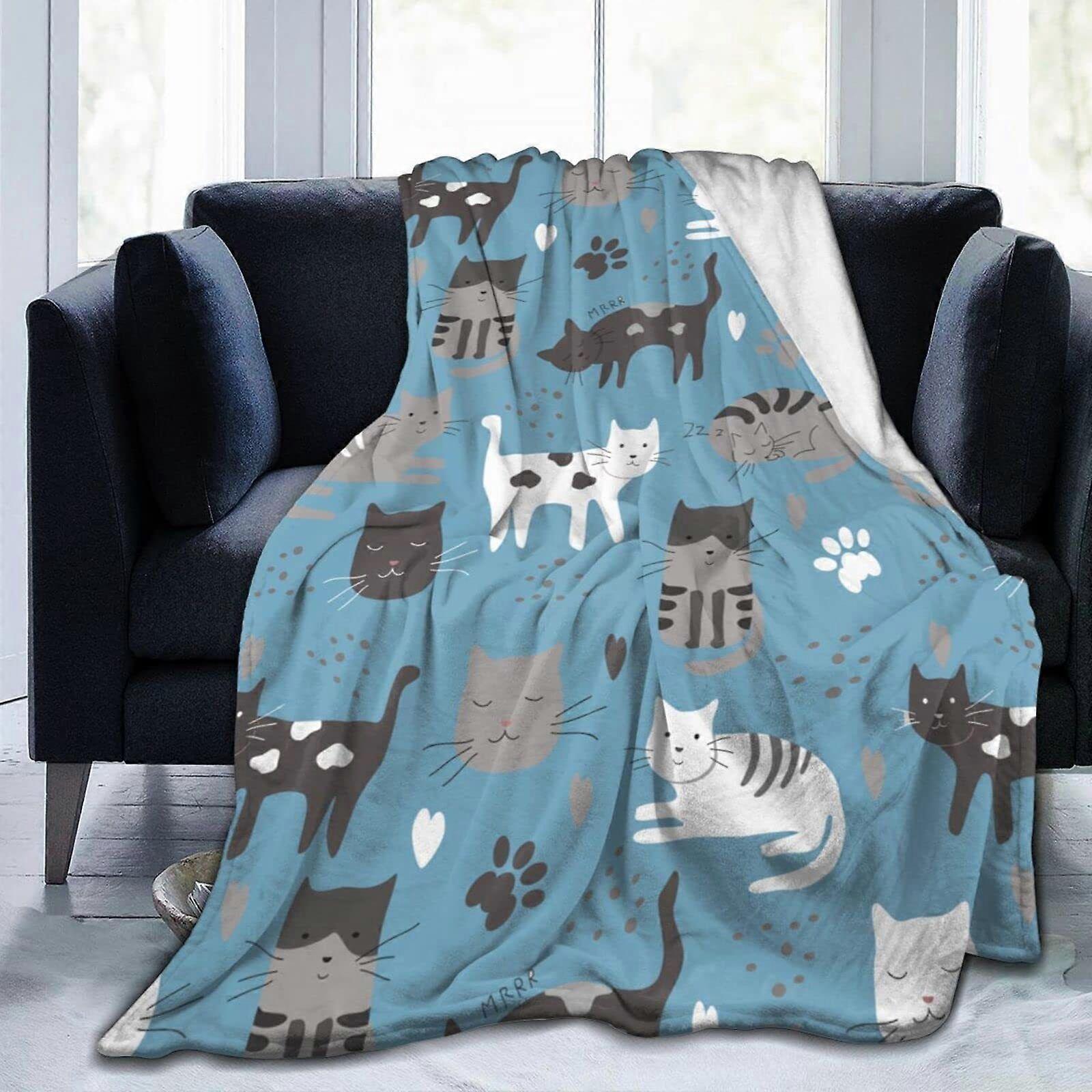 Pink Face Gray Cat Blanket Printed Plush Fluffy Flannel Blanket Soft  And Bed Throw-100x130cm