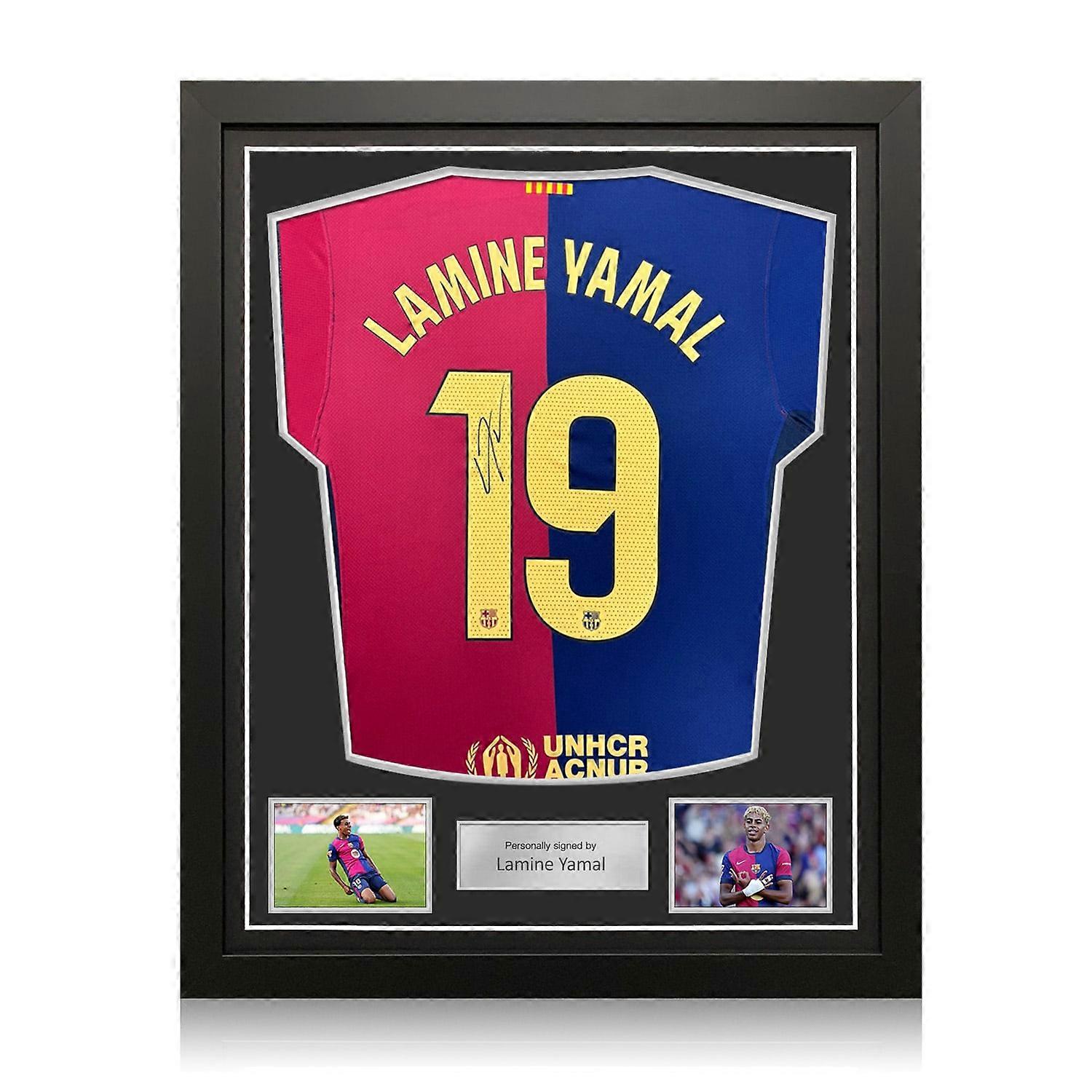 Maillot domicile du FC Barcelone 2024-25 signé par Lamine Yamal. Cadre standard.