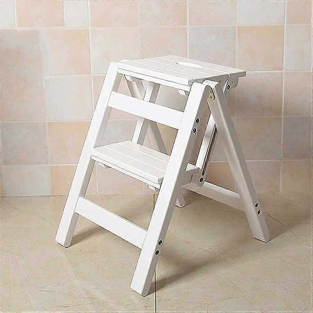 Wooden Folding Step Stool Ladder Chair with 2 Steps for Home Kitchen Library (White)