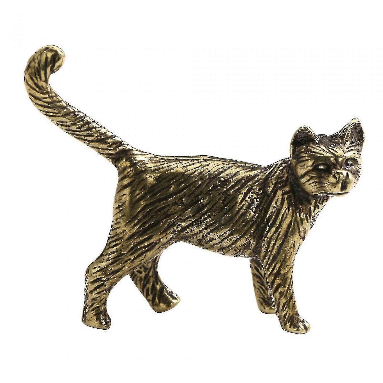 Cat Brass Statue Artwork Tea Pet Miniature for Tabletop Bookcase Office
