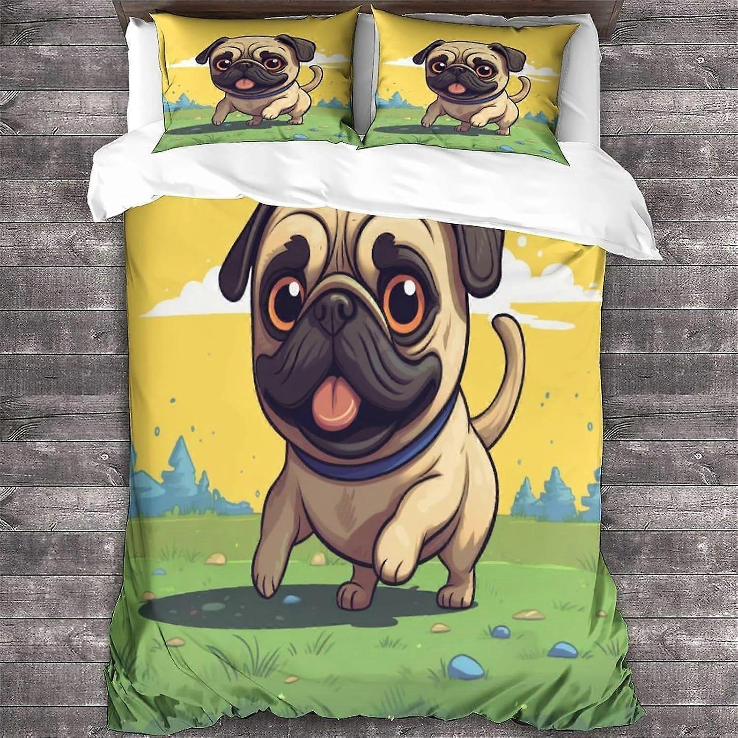 LikeEj 3 قطع PUG غطاء لحاف مع أكياس وسادات، مجموعة الفراش طباعة مع إغلاق سوستة، لحاف غطاء مزدوج