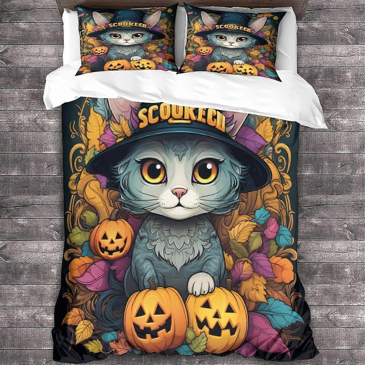 مجموعة غطاء لحاف القط LikeEj مجموعة مفروشات مطبوعة للحيوانات غطاء لحاف هالوين مع وسادة غطاء لحاف من الألياف الدقيقة بسحاب 3 قطع كينج