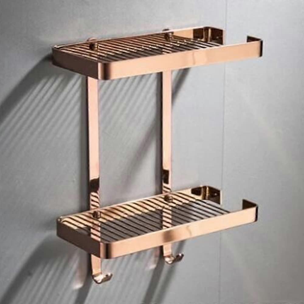 Wall Mounted Shower Caddy Solid Brass Rustproof Bathroom Storage Shelf with Hooks Antique Rose Gold