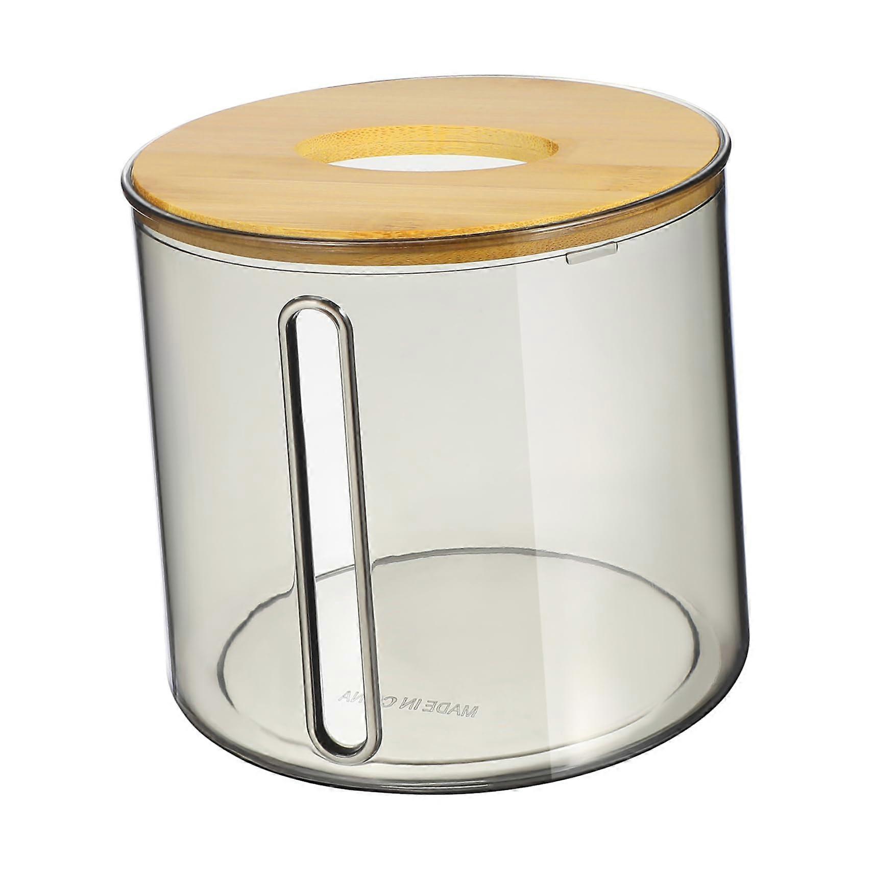 Transparent Round Tissue Box Holder with Wood Lid for Home Office Tabletop Napkin Storage