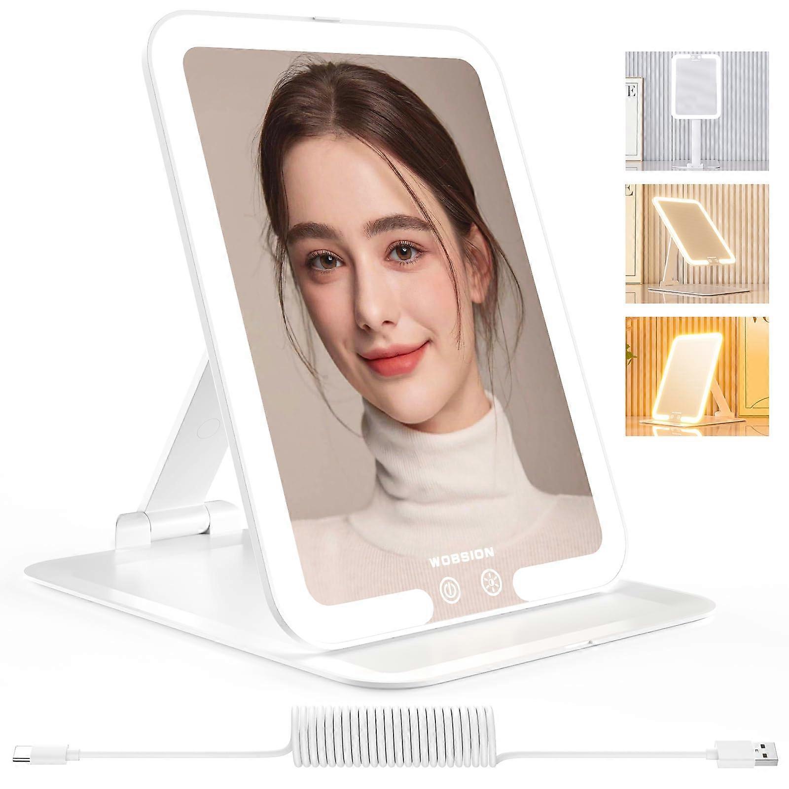 Lighted Travel Makeup Mirror Rechargeable Foldable with Adjustable Brightness 3 Color Lighting White