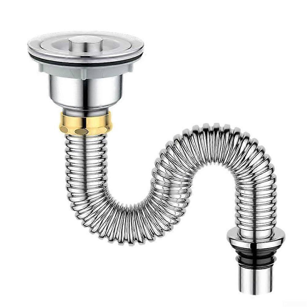 Stainless Steel Kitchen Sink Drain Pipe Complete Set With Flexible Hose, Copper Cap Garbage Filter, Strainer System A