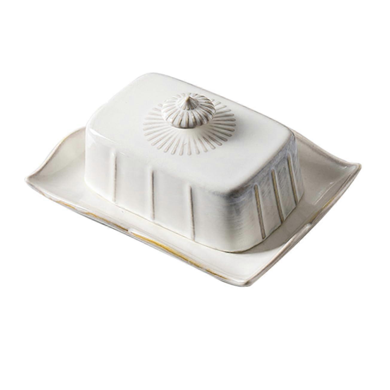 White Ceramic Butter Dish with Lid for Kitchen, Cheese and Snacks, Microwave Safe