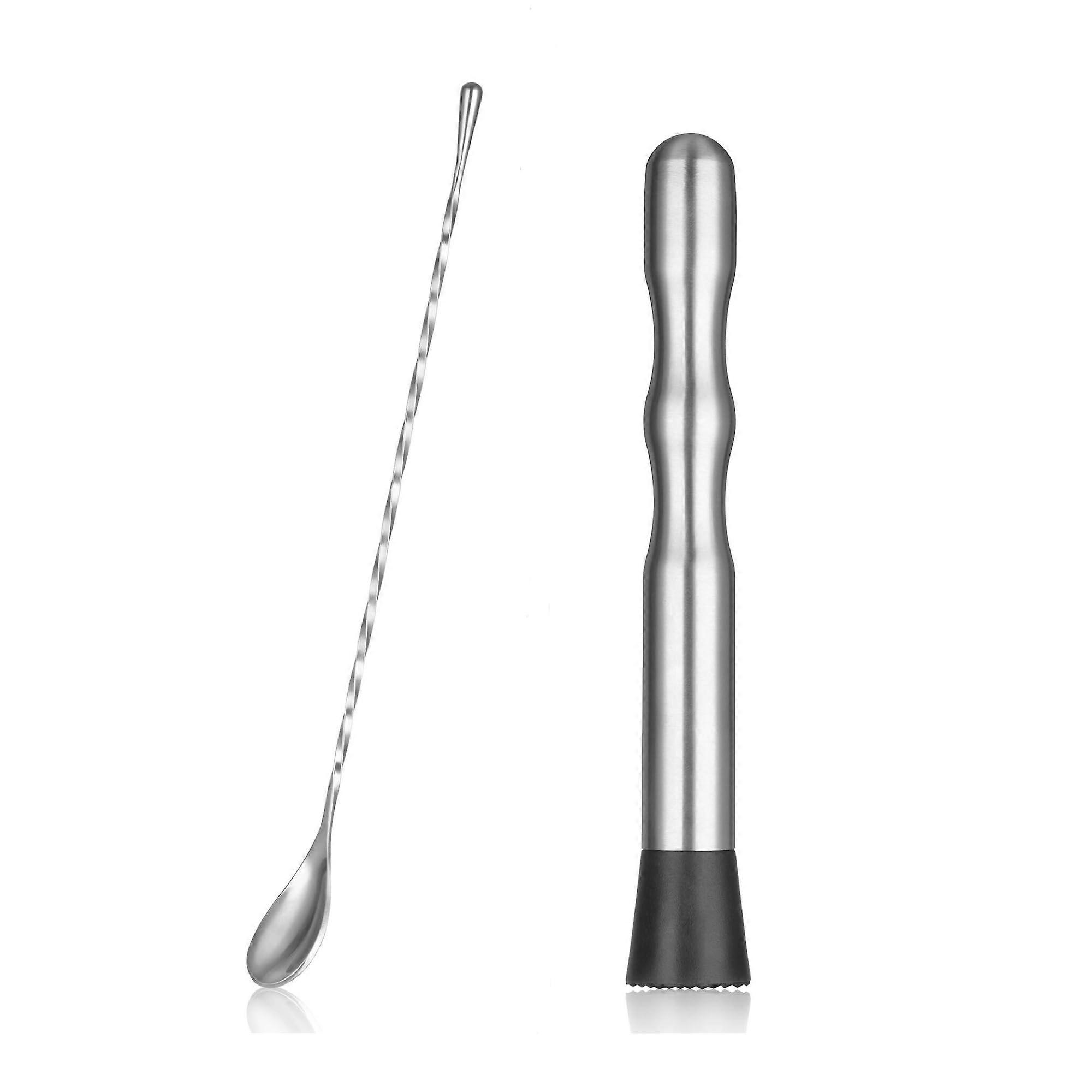 Stainless Steel Cocktail Muddler Set with Long Handle Spoon, Ergonomic Grip Bartender Tools for Mojitos