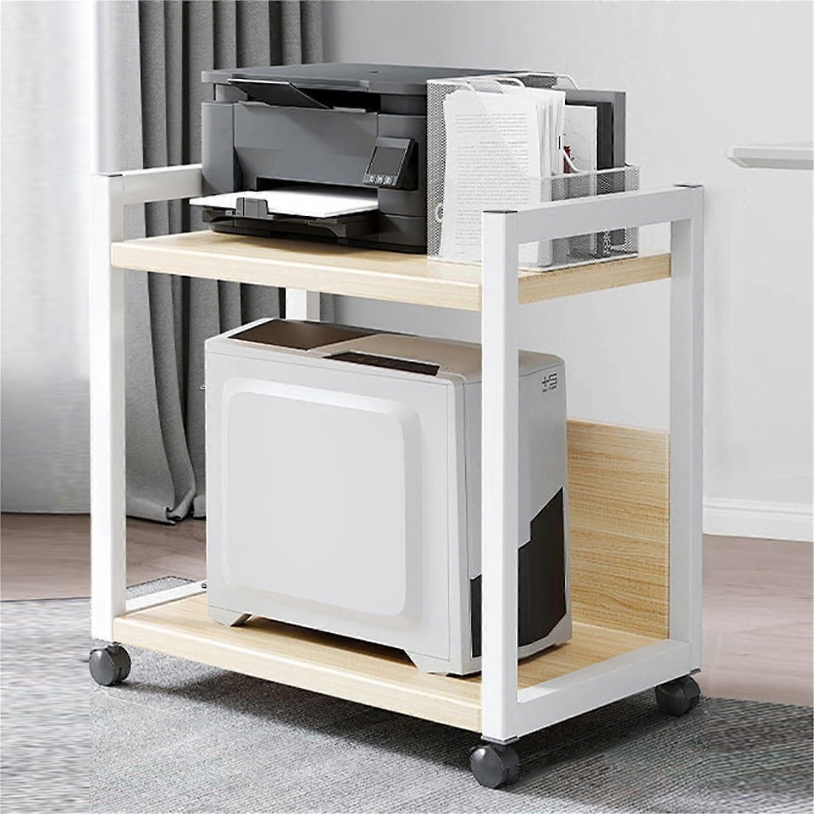 Adjustable Printer Stand on Wheels with TwoLayer White Frame Storage Shelf for Home Office