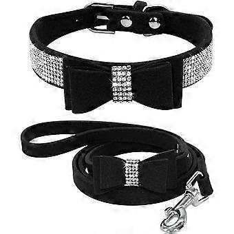 Liangnv Strass Bling Leder Hundehalsband und Leine Set - Weiche Beflockung funkelnde Kristall Diamanten Nieten - Süßes Doppelschleifenknoten Katzenhalsband mit 4 Foo