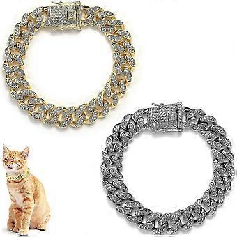 Cat Chain Collar, 2 Pcs Diamond Cuban Link Kitten Walking Collar with Secure Buckle, Pet Rhinestones Necklace Metal Chain Jewelry Accessories for Kitt