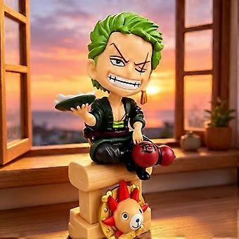 Anime-Samurai-Figur mit grünen Haaren, sitzend, in dunkelgrüner Kleidung mit Teller und rotem Ball, Schreibtischdekoration, Sammlergeschenk