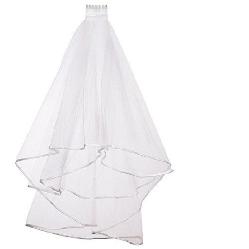 ダブルリボンエッジセンターレイヤードブライダルウェディングベールコーム付き、1パック、オフホワイト