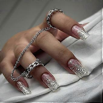 French Silver Press On Nails Medium Square Glue On Fake Nails with Sequin Design for Women 24PCS