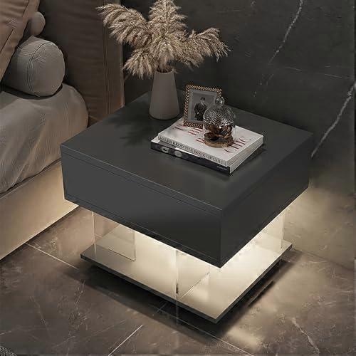 LED Nightstand Table with Smart Sensor Lighting, Open Storage, Modern Grey Bedside Table 15.7in