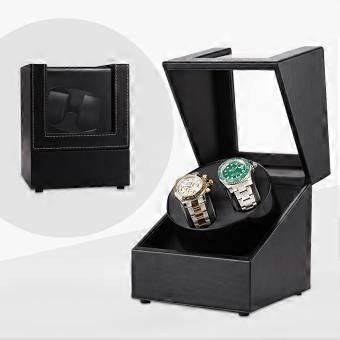 Horlogewinder voor twee automatische horloges met stille motor, verstelbare kussens en luxe zwarte lederen horlogedoos