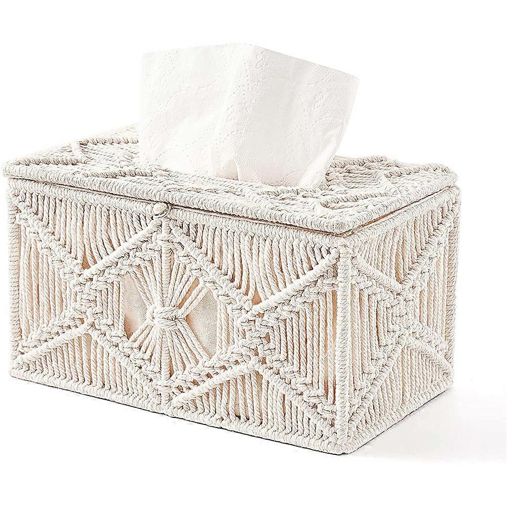 Tissue Box Cover Boho Decor Rectangular Paper Tissue Holder with Bead Buckle Macrame Napkin Tissues