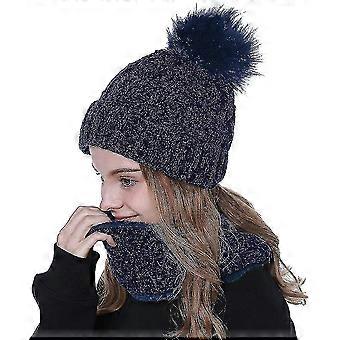 Mujer Winter Pom Beanie Sombrero Y Círculo Bufanda Conjunto Chenille Knit Warm Winter Hat