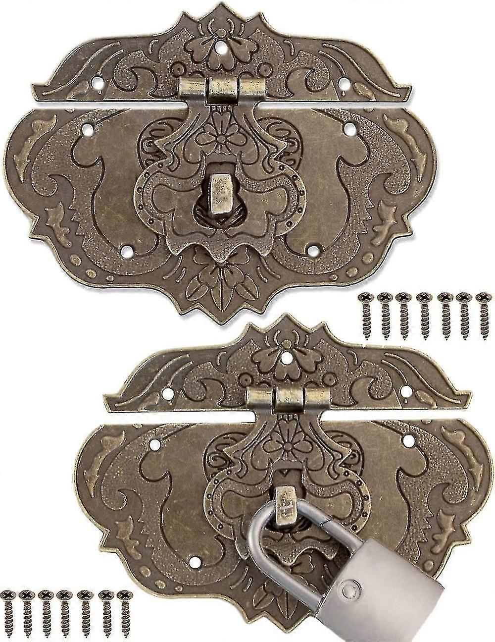 set of 2 antique bronze design iron clasps for furniture, fittings for curtain locks, locks on chests, sliding boxes, 95 x 73 mm with screws starlight