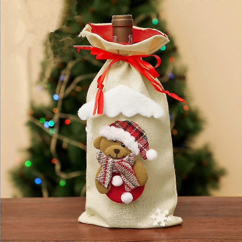 Mimigo Christmas Wine Bottle Covers/bags Set: Checkers & Herringbone Covers With Faux Fur Collar; Santa Clause, Snowman & Reindeer Drawstring Bags Xma