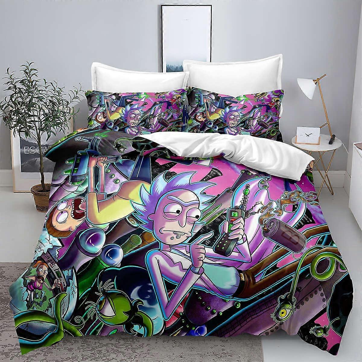 i61 غطاء لحاف ريك 3D مطبوع لحاف وغطاء مورتي 3 قطع مجموعة مفروشات ناعمة هيبوالرجينيك ، غطاء لحاف سهل العناية لديكور الفراش ، كامل jm61