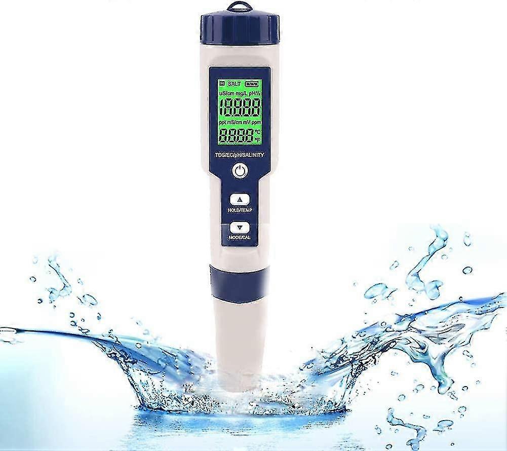 Electronic Ph Meter Tester, 5 In 1 Ph Tester Pocket Temperature Meter Water Quality Ph Ec Salt Tds