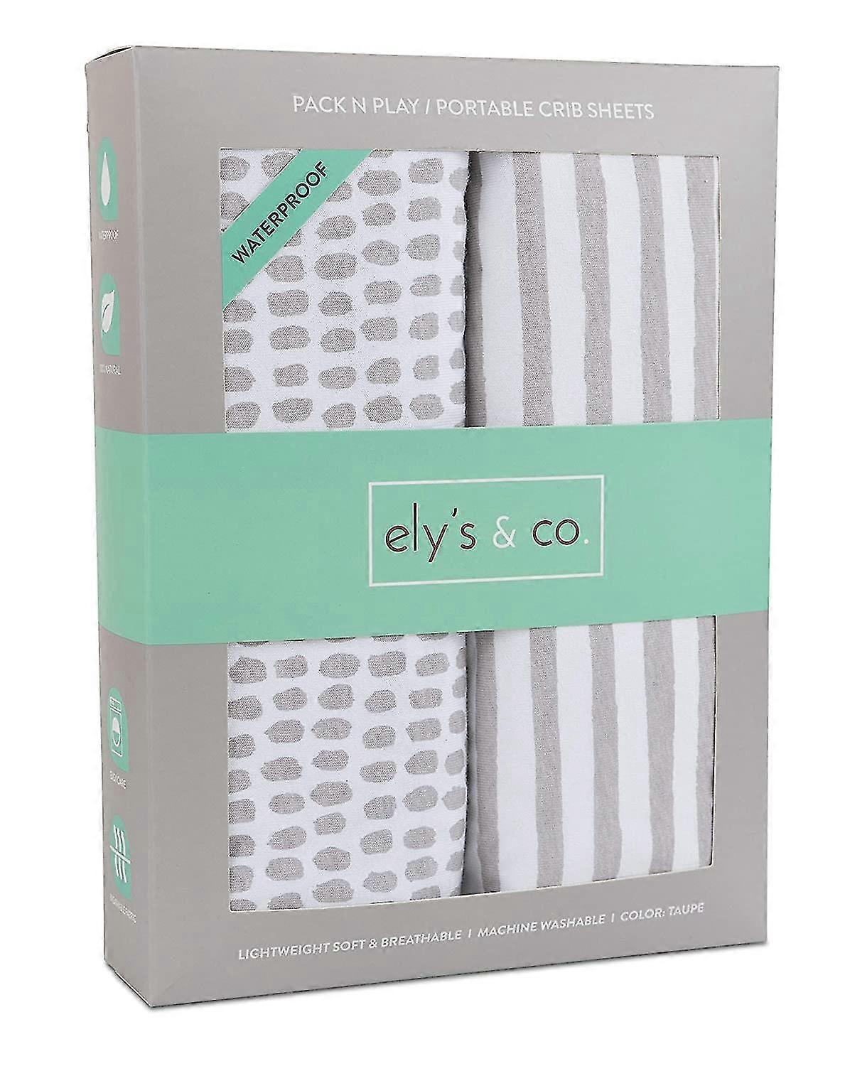 Patent Pending Waterproof Pack N Play/Mini Portable Crib Sheet with Mattress Pad Cover Protection I Taupe Stripes and Splash